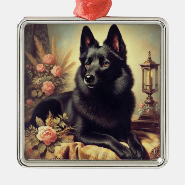 Vintages Schipperke Dog Gemälde Ornament Aus Metall (Vorne)
