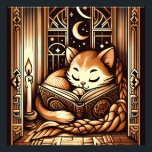Vintages Schlafen Art Deco Cat mit einem Buch Fotodruck<br><div class="desc">Adorable Vintage Kunst Deko Kunststil Illustration einer Katze schlafend auf einem Buch mit Kerzenlicht,  vor einem Fenster mit einem Nachthimmel mit Mond und Sternen draußen. Die Farben sind braune Sepia-Töne.</div>