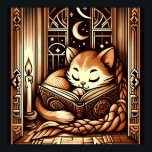 Vintages Schlafen Art Deco Cat mit einem Buch Poster<br><div class="desc">Adorable Vintage Kunst Deko Kunststil Illustration einer Katze schlafend auf einem Buch mit Kerzenlicht,  vor einem Fenster mit einem Nachthimmel mit Mond und Sternen draußen. Die Farben sind braune Sepia-Töne.</div>
