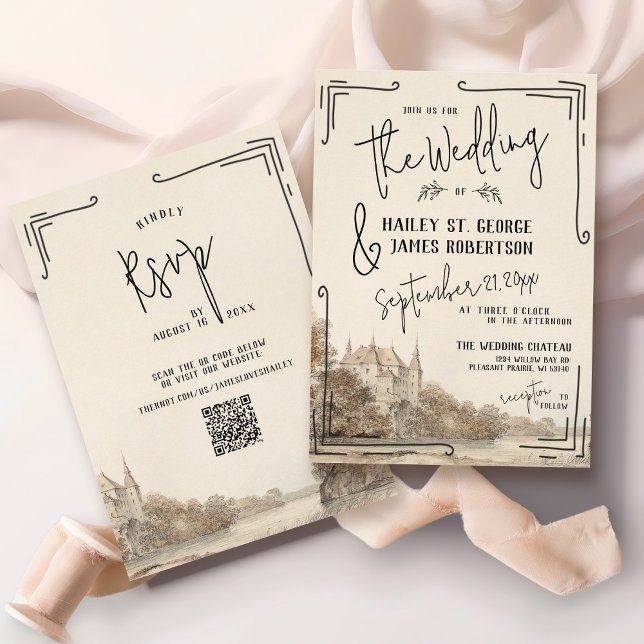 Vintages Schlosshandgezeichnete Hochzeitseinladung Einladung (Elegant classic watercolor French chateau black and ivory hand drawn QR code rsvp wedding invitation)