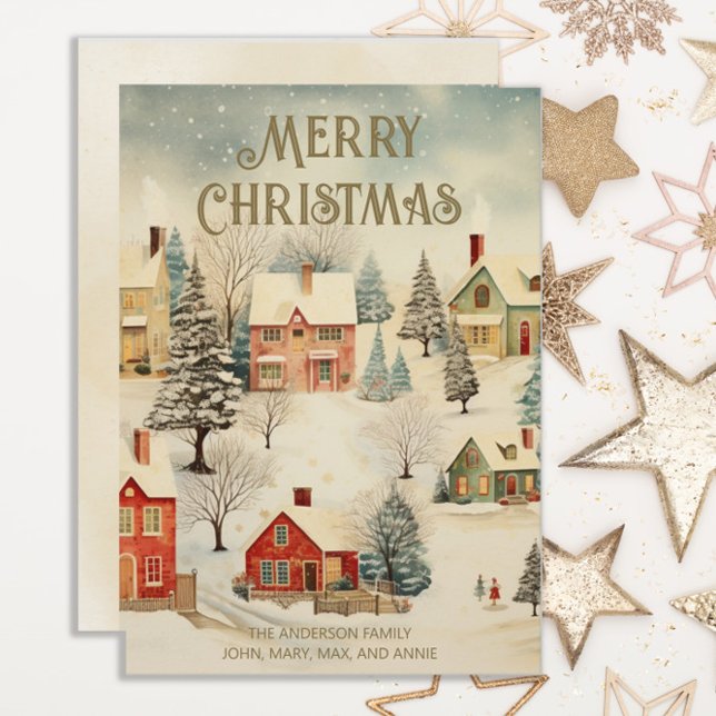 Vintages schneebedecktes Dorf Frohe Weihnachten (Vintage old-time snowy village "Merry Christmas" greeting card personalized with your own text.)