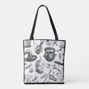 Vintages Schwarz-Weiß-Halloween-Muster Tasche