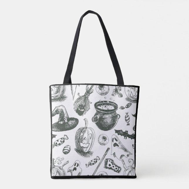 Vintages Schwarz-Weiß-Halloween-Muster Tasche (Rückseite)