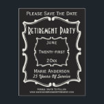 Vintages Schwarz-weißes Party für die Altersvorsor Ankündigungspostkarte<br><div class="desc">Alte Vintage Schilder inspirierte mir,  einige meiner Designs zu kreieren. Dieses elegante Design besticht durch einen antiken,  Vintagen Typografiestil,  der sich perfekt für eine Save the Date Ruhekarte eignet. Laden Sie Ihre Familie und Freunde zu einer Ruhestagsfeier Save the Date. Klassische und klassische Schwarz-Weiß-Farben.</div>