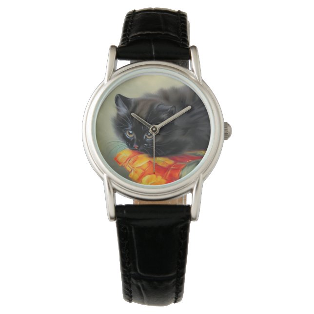 Vintages Schwarzes Kitten mit roter Blume Blanket Armbanduhr (Vorderseite)