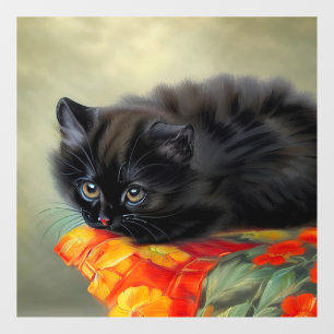 Vintages Schwarzes Kitten mit roter Blume Blanket Fensteraufkleber