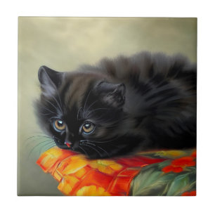 Vintages Schwarzes Kitten mit roter Blume Blanket Fliese