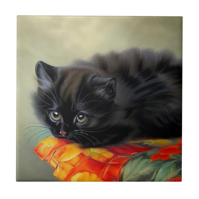 Vintages Schwarzes Kitten mit roter Blume Blanket Fliese (Vorderseite)