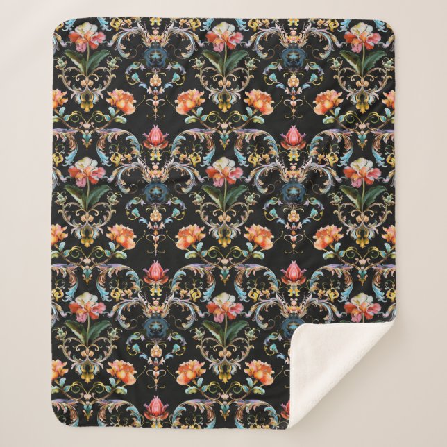 Vintages Schwarzgold-Damastmuster Sherpadecke (Vorderseite)