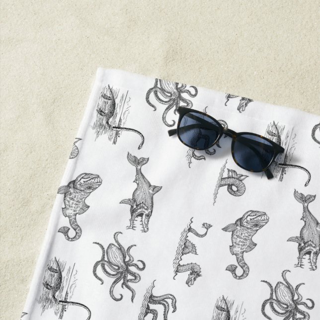 Vintages Schwarzmeer-Monster-Line Kunst-Strand Strandtuch (Beispiel)