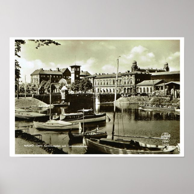 Vintages Schweden, Malmo, Wasserfront und Boote Poster (Vorne)