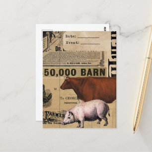 Vintages Schwein und KuhCollage Postkarte