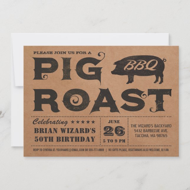 Vintages Schweinefleisch GRILLEN Geburtstag Einlad Einladung (Vorderseite)