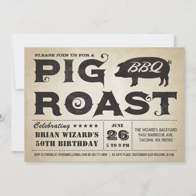 Vintages Schweinefleisch GRILLEN Geburtstag Einlad Einladung (Vorderseite)