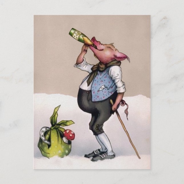 Vintages Schweinetrinken Postkarte (Vorderseite)