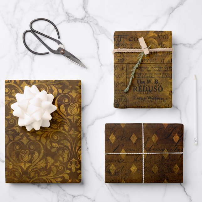 Vintages Script-Messing Gold Damask Muster Geschenkpapier Set (Vorderseite)