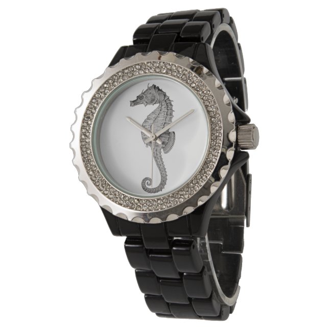 Vintages Seepferd Womens Black Wristwatch Armbanduhr (Schrägansicht)