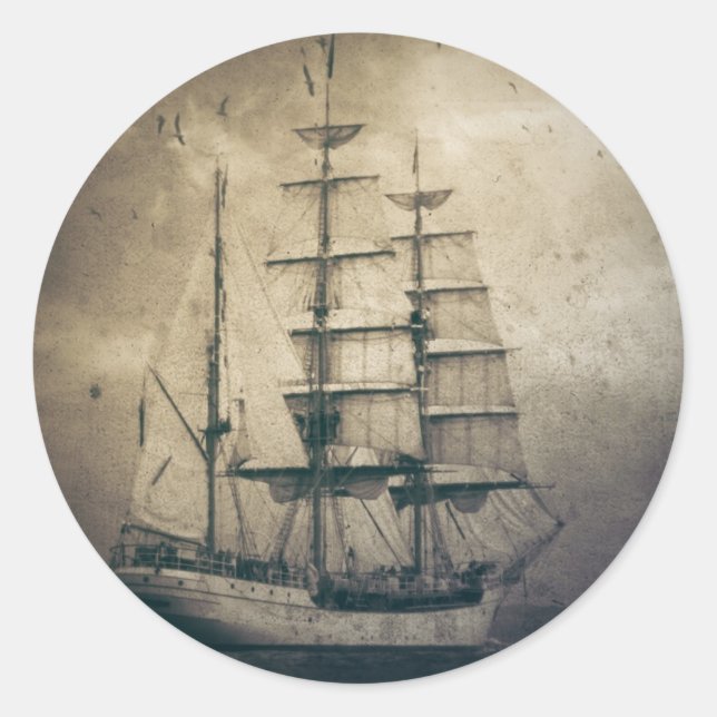 Vintages Segelboot im Nautischen Ozean Runder Aufkleber (Vorderseite)