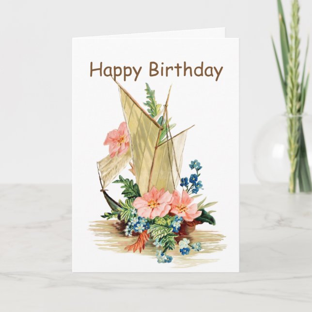 Vintages Segelboot mit Blume Geburtstag Karte (Vorderseite)
