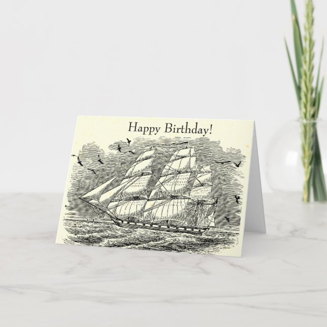 Vintages Segelschiff Gravur Geburtstag Karte (Vorderseite)