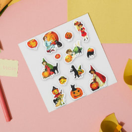 Vintages Set von Hexenkatze Halloween Aufkleber