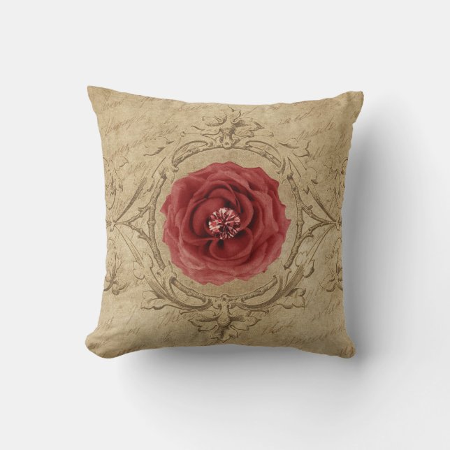 Vintages Shabby Chic Antique Single Rote Rose Kissen (Vorderseite)