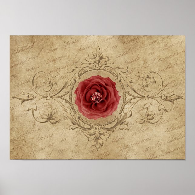 Vintages Shabby Chic Antique Single Rote Rose Poster (Vorne)
