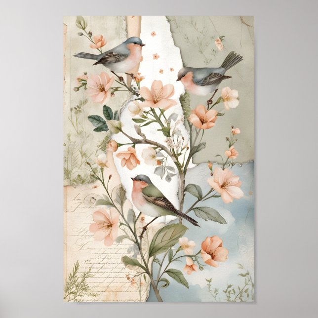 Vintages Shabby Chic Decoupage Bird Botanische Kun Poster (Vorne)