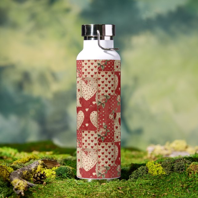 Vintages Shabby Chic Red Patchwork Muster Trinkflasche (Außenbereich)