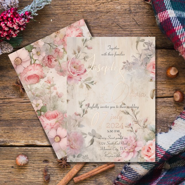 Vintages Shabby Chic Rosa Blumenhochzeit Folieneinladung (Von Creator hochgeladen)