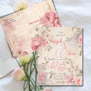 Vintages Shabby Chic Rosa Hochzeitseinladung Postkarte