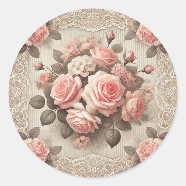 Vintages Shabby Chic Rosa Rose Runder Aufkleber (Vorderseite)