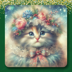 Vintages Shabby Chic Weihnachtskätzchen Quadratischer Aufkleber