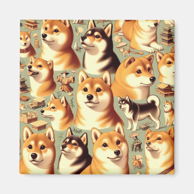 Vintages Shiba Inu Nahtloses Muster Magnet (Vorne)