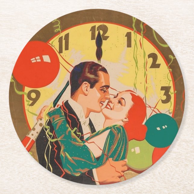 Vintages Silvesterpaar Runder Pappuntersetzer (Vorderseite)