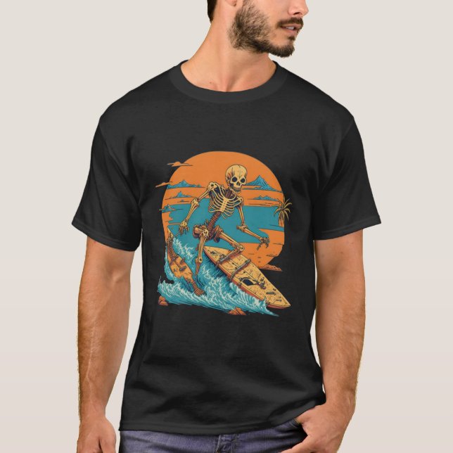 Vintages Skelett Beach Surfer T-Shirt (Vorderseite)