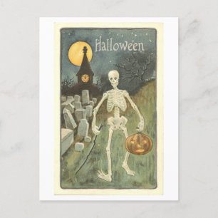 Vintages Skelett mit KürbisHalloween-Postkarte Postkarte