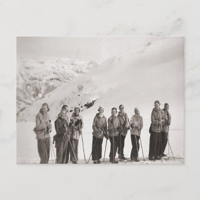 Vintages Skibild, Ladys Ski-Ausflug Postkarte (Vorderseite)