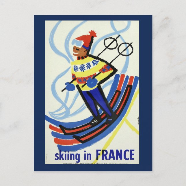 Vintages Skifahren in Frankreich Reisen Postkarte (Vorderseite)