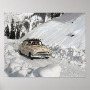 Vintages Skiplakat, Auto zum Piste Poster