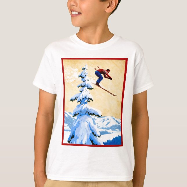 Vintages Skiplakat, Skipullover und Kiefernbäume T-Shirt (Vorderseite)