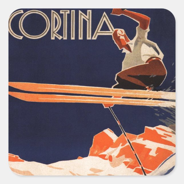 Vintages Skiposter, Skikarina, Italien Quadratischer Aufkleber (Vorderseite)