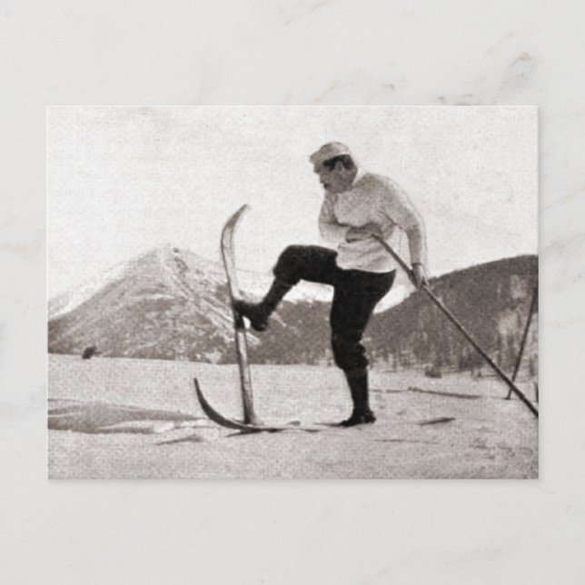 Vintages Skizentrum, Holzskis, Single-Pol Postkarte (Vorderseite)