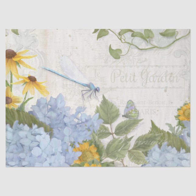 Vintages Skript für Sonnenblume Blauer Libellen Seidenpapier (Vorderseite)
