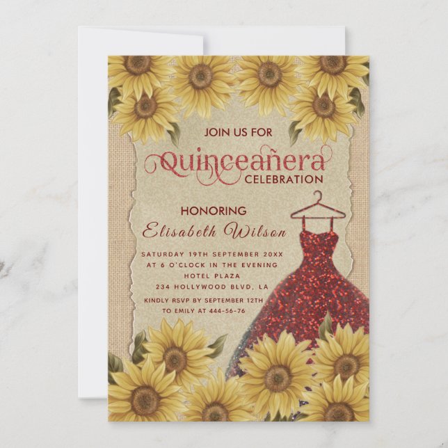 Vintages Sonnenblumenkleid Quinceañera Einladung (Vorderseite)