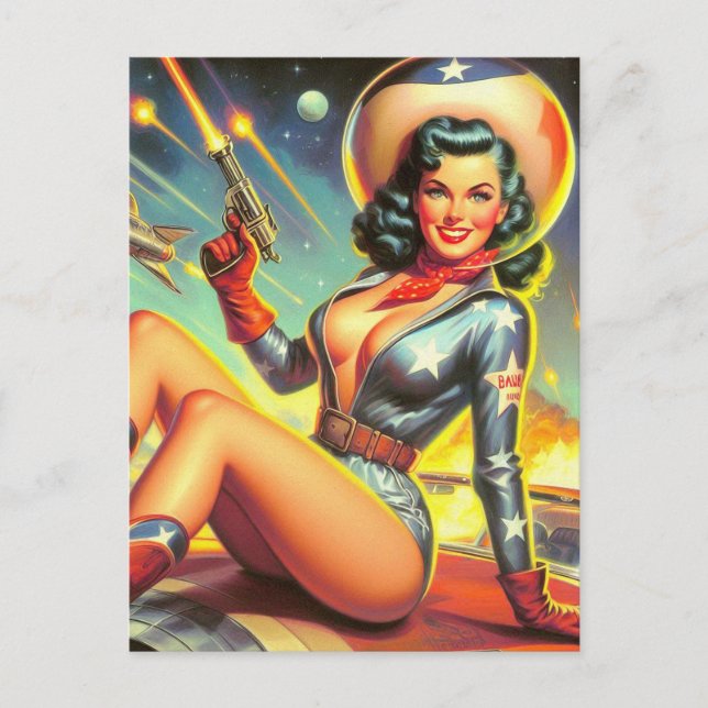 Vintages Space Cowgirl Button Up Postkarte (Vorderseite)