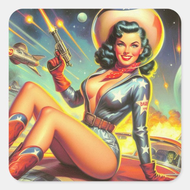 Vintages Space Cowgirl Button Up Quadratischer Aufkleber (Vorderseite)