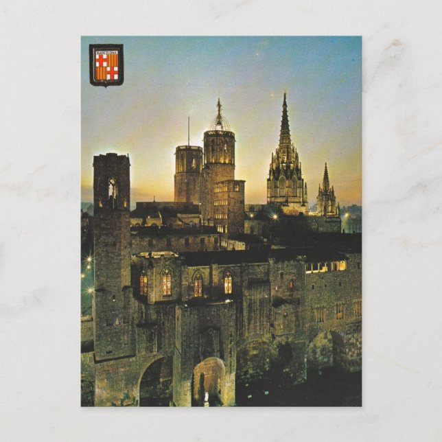 Vintages Spanien, Barcelona am Sonnenuntergang Postkarte (Vorderseite)
