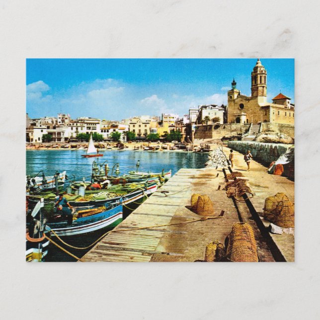 Vintages Spanien, Sitges Ufergegend Postkarte (Vorderseite)