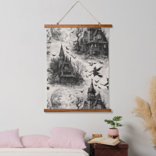 Vintages Spuk Haus und Hexenturmmuster Wandteppich Mit Holzrahmen